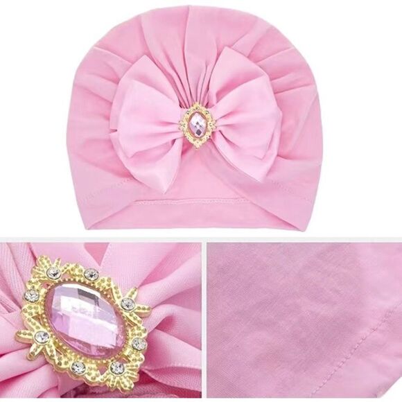 New Infant Pullover Bow and Gem Medallion Turban Hat Pink - Picture 3 of 3